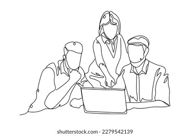 Drawn people with modern laptop on white background