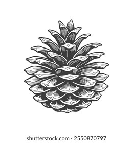 Drawn pine cone on white background. Fir cone. Symbol, design element