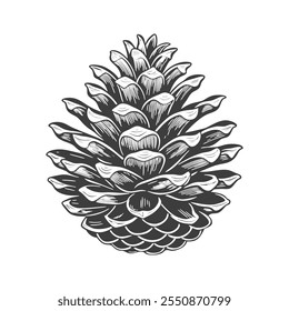 Drawn pine cone on white background. Fir cone. Symbol, design element