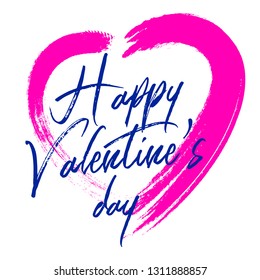 Drawn pink heart with text. Symbol love. Happy Valentines Day card.