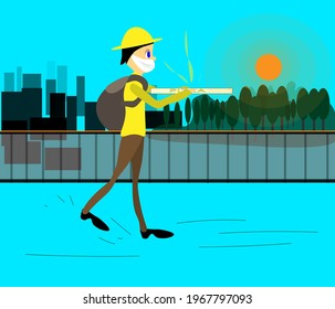 Drawn a pizza delivery man walking in a mask along the road with a pizza box in his hands. A fence is drawn behind the courier, behind it is a city and a forest. The illustration takes place at sunset