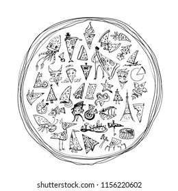 drawn pizza with many different pieces of smilies inside