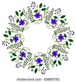 Drawn plants of different shapes. Wreath with blue flowers