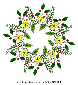 Drawn plants of different shapes. Wreath with yellow flowers.