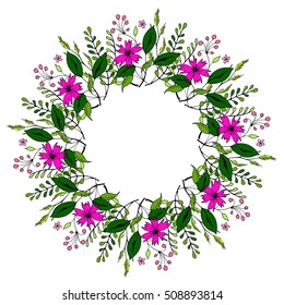 Drawn plants of different shapes. Wreath with pink flowers.