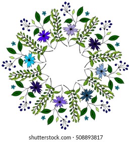 Drawn plants of different shapes. Wreath with blue flowers.