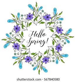 Drawn plants of different shapes. Wreath with flowers. Hello Spring.