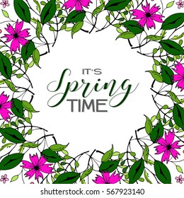 Drawn plants of different shapes. Wreath with flowers. Spring Time.