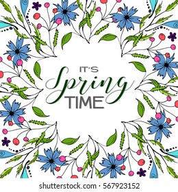 Drawn plants of different shapes. Wreath with flowers. Spring Time.