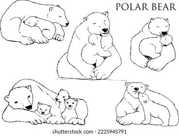 Drawn polar bear and cub. Mom and baby. Love. Set of polar bears. Antarctic. Global warming. Animals in the wild. Bear set. Clip art.