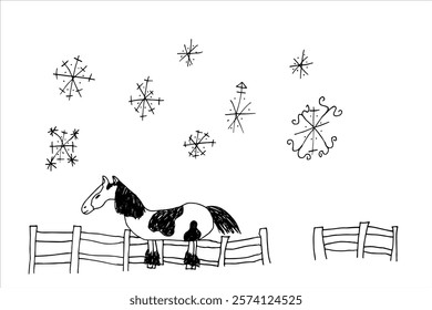 Drawn pony, children's scribbles. Black and white doodle illustrations of snowflakes and a horse against a fence. Picture for children's magazines.