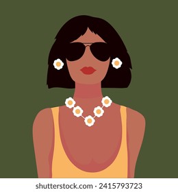 Drawn portrait of stylish woman on green background