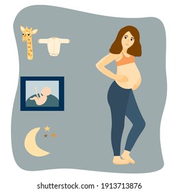 Drawn pregnant woman with things for the baby and an ultrasound photo. Conceptual vector about pregnancy.
