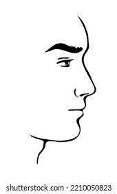 Drawn profile portrait of a young man. Beautiful face. Logo, design element for salon. Vector isolated art illustration hand drawn. Black and white sketch line