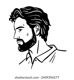 Dibujado retrato de perfil de un joven con barba. Cabeza con peinado moderno de moda. Hermosa cara. Vector aislado ilustración de arte dibujado a mano. Esbozo en blanco y negro