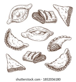 drawn puff pastries sketch set isolated. baking, pastries with cheese or meat stuffing. turnovers, khachapuri, burekas, empfans, egg boat pie, triangle buns. vintage style. traditional fried pastry