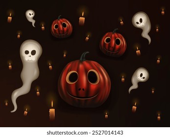 Drawn pumpkins with eyes and white ghosts with skulls on a dark background with many individual candles. Halloween idea. Happy Halloween