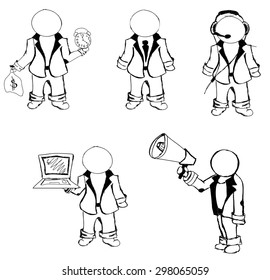 Drawn puppet people in different postures on isolated white background. Vector illustration