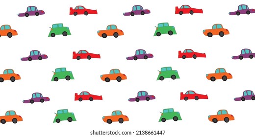 Drawn purple, red, orange, green cars on a white background. Stylization of children's creativity. Unusual forms.
