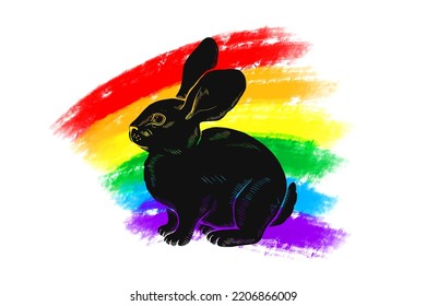 Drawn rabbit on watercolor rainbow background. LGBT pride month. Vector flat illustration.