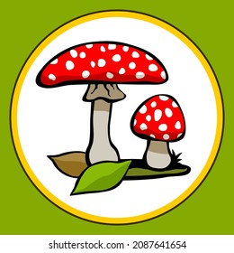 Drawn red amanita mushrooms with leaf. Vector illustration.