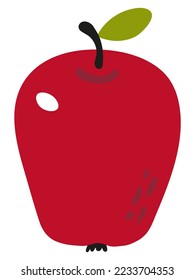 Drawn red appetizing apple. Fruit clipart for summer veggie design. Ripe autumn harvest of orchard. Fresh food ready to eat. Vector flat illustration apple of by freehand. Useful healthy school lunch.