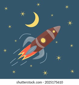 gezeichnete rote und graue Rakete mit Flammenfliegen in blauem Himmel mit Mond und Sternen