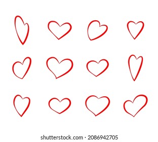 Drawn red heart outline sketch set. Collection of love icons vector illustration. Lines painted with brush and paint on white background. Valentine holiday or wedding celebration.