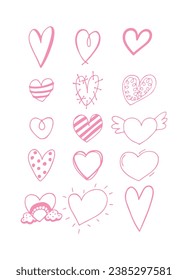 Drawn red set of hearts. Hand drawn shape of hearts using marcer. Vintage. Hand drawn. Vector illustration.