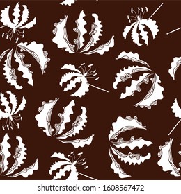 Drawn retro vintage plants, geometric seamless pattern on dark brown background, abstraction. The concept of cosmetic and holiday packaging. For printing on textiles, bedding, clothes and bags.
