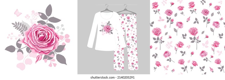 Dibujar rosas en un fondo blanco. Patrón floral sin foco para niñas, mujeres. Pajamas femeninos. Flores rosas con hojas. 