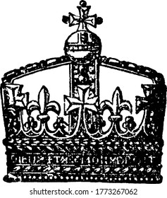 Drawn from the royal achievement of Henry VII, sculptured with great spirit above the south entrance to King's College Chapel, have crosses patees, vintage line drawing or engraving illustration.