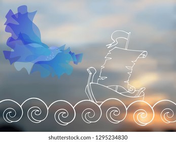 Drawn sailing ship and blue bird, flying towards him against the background of a blurred water landscape at sunset.
