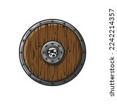 Drawn scandinavian medieval shield in color. Wooden viking round shield in vector isolated on white background.
