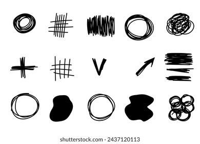 Gezeichnete Scribble Curle Line Grafik Element Clipart. Doodle Abstrakt Brash Stroke Einfache Form. Isolierter Ionensatz für Grafikdesignelement. Schwarze Linie Pinsel Skizze Hand Zeichnung Scratch Symbol Linie Element