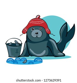 a drawn seal caught a bucket of fish on the ice floe