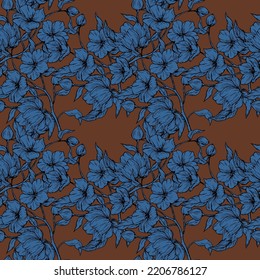 Drawn seamless floral pattern. Blue flowers on a beige background. Brown floral background. Italy. Spain. Fabric print. Botany. Silhouette.