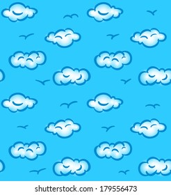Drawn seamless pattern with sky, clouds and birds
