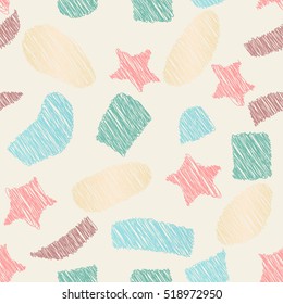 Drawn seamless scribble stars, oval, rectangle shapes pattern. Abstract doodle illustration