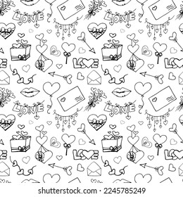 Drawn seamless vector pattern for valentine's day. Valentine's Day. A heart. Letter. Doodle. White background. Liner. Line art. Present. Holidays.February 14th. Love.