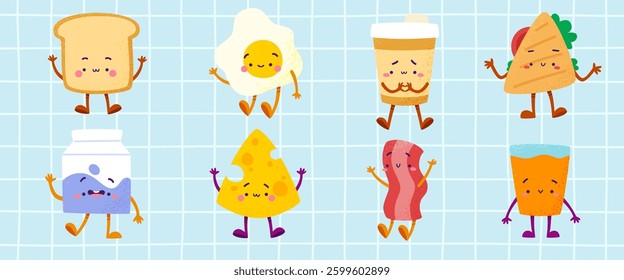 Drawn set of breakfast food characters. Cute vector textured collection of morning food.