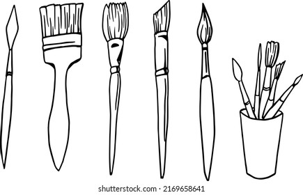 Drawn set of brushes in vector. Everything for drawing. Art. Sketching brushes for painting. Creative. Brush shop.