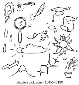 and drawn set elements,Arrow, star, leaf, sun, light, flower,Swishes, swoops, emphasis ,swirl for concept design cartoon style
