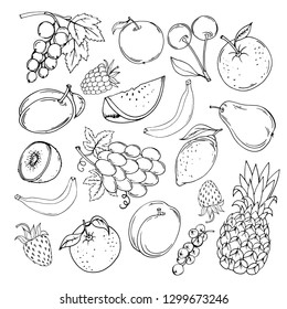 A drawn set of fruit on a white background. Fruit Vitamins for life Healthy food. Vector illustration