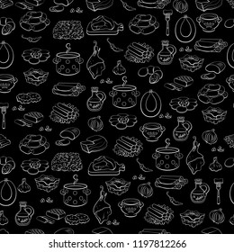 Drawn set of meat food. Seamless background. Vector pattern.