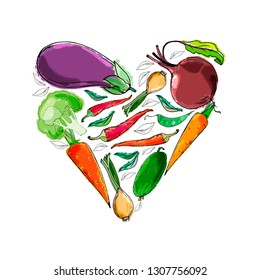 A drawn set of vegetables in color on a white background in the shape of a heart. Vegetables healthy food. Vector illustration.