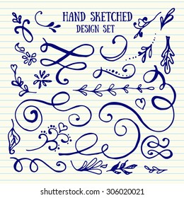 Drawn set of vintage elements, flowers and leaves, birds, ribbons and ornaments. Vector hand sketched wreaths. Decoration for your wedding design, scrap booking elements, postcards and logos