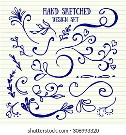 Drawn set of vintage elements, flowers and leaves, birds, ribbons and ornaments. Vector hand sketched illustration. Decoration for your wedding design, scrap booking elements, postcards and logos