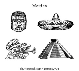 Drawn set of well-known Mexican attractions. Vector illustrations of Olmec and Aztec sights. Latin American tourist symbols.