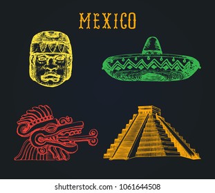 Drawn set of well-known Mexican attractions. Vector illustrations of Olmec and Aztec sights. Latin American tourist symbols.